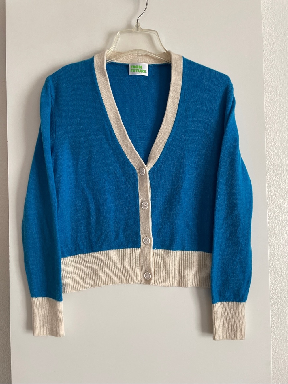 From Future Pure Cashmere V Neck Cardigan Sweater Teal Blue/Ivory nwot